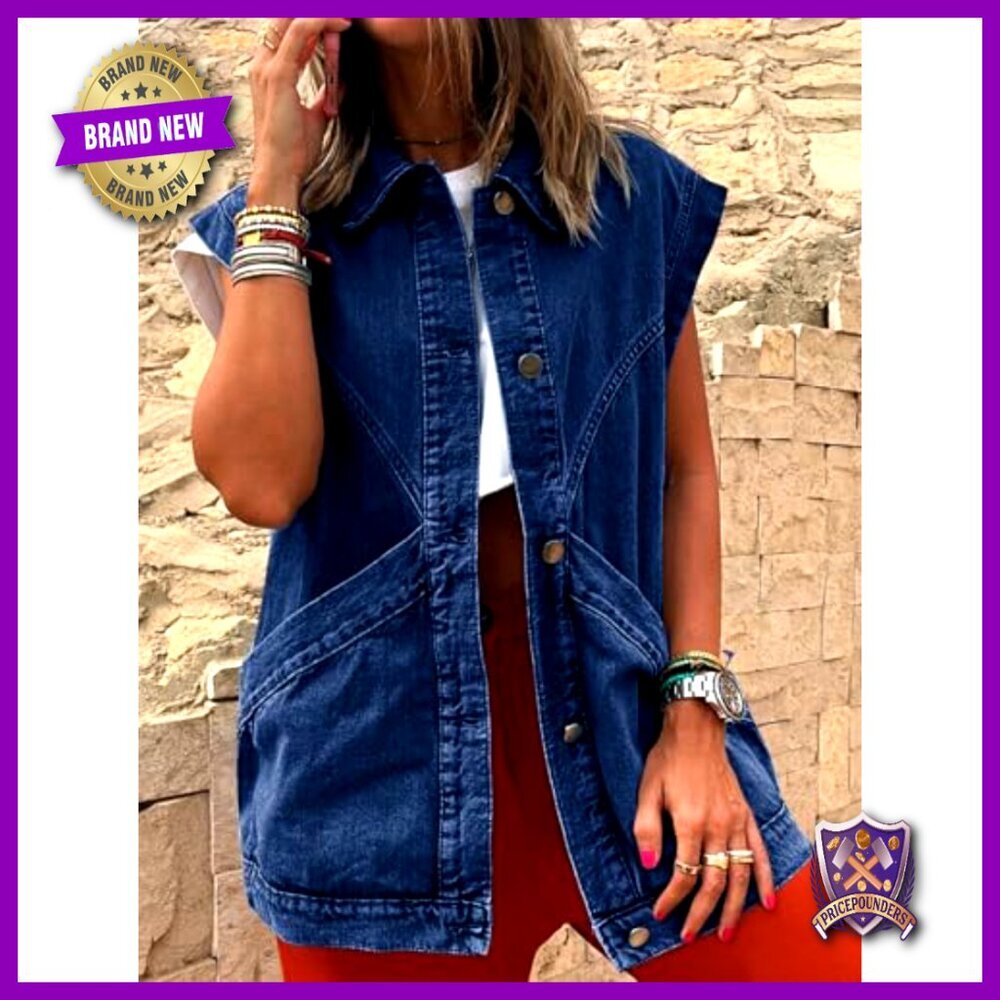Oversized Denim Vest Sleeveless Button Down Utility Lapel Casual Vintage - Picture 4 of 7